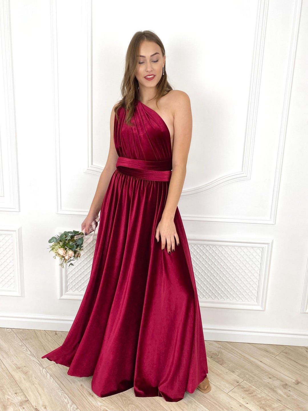 14797 Burgundy Crushed Velvet Wrap Dress