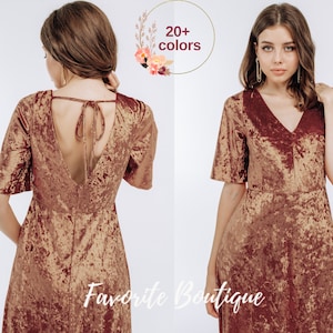 Rust Velvet Bridesmaid Flutter Sleeve Open Back Dress V-neck Dress Maxi Bridesmaid Gown Custom Tailoring Prom Wedding Dress Plus Size