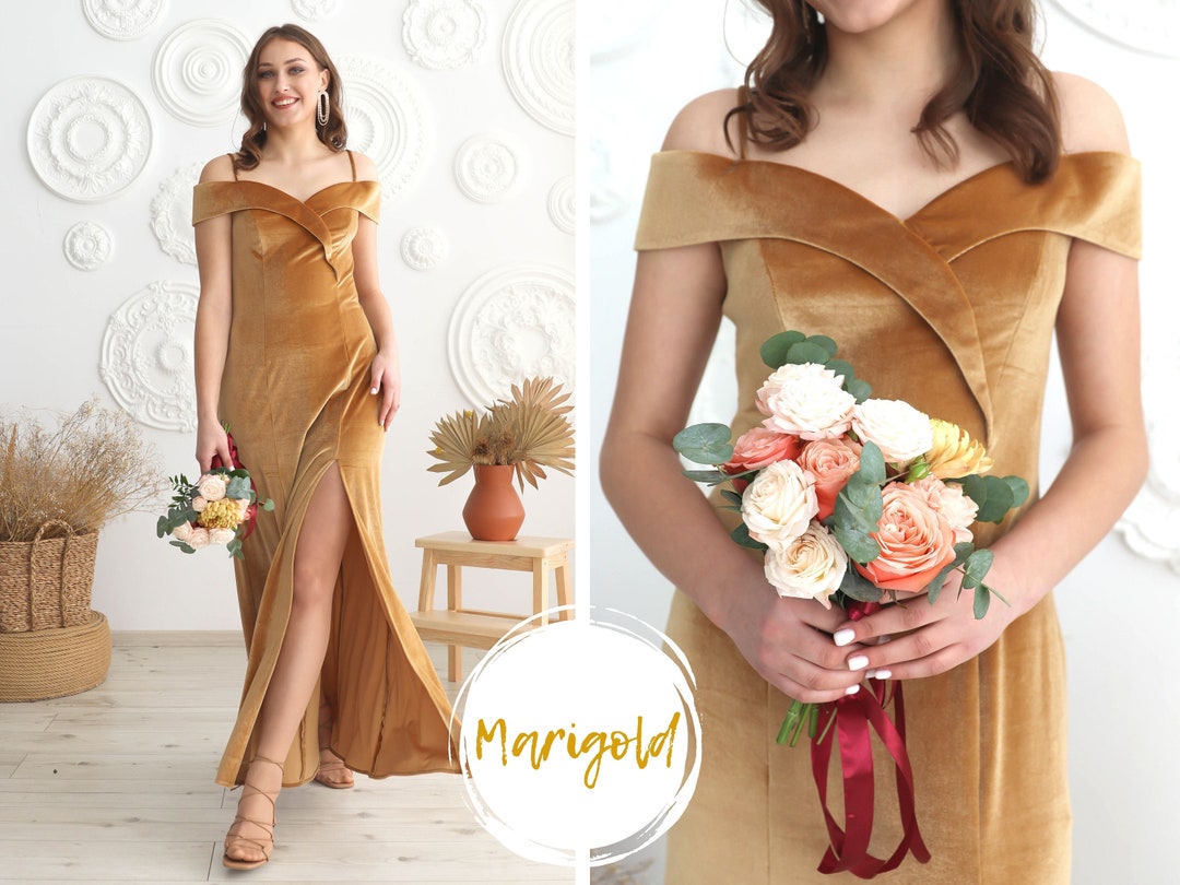 MARIGOLD Velvet Bridesmaid Dress GOLD Velvet Prom Dress V Neck Dress