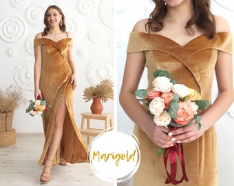 MARIGOLD Velvet Bridesmaid Dress | GOLD Velvet Prom Dress | V Neck Dress with slit | Evening Dress | Coctail dress | Mustard velvet Dress