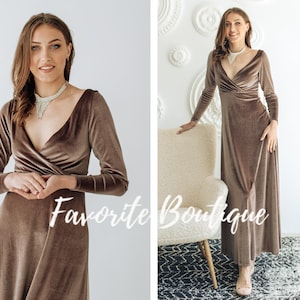 TAUPE Velvet Wrap TOP Dress with Slit Maxi Bridesmaid Gown Long sleeves Custom Tailor Prom Wedding Guest Fall winter wedding dress plus size