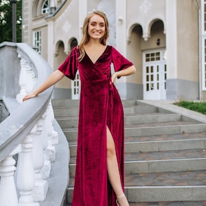 BURGUNDY Velvet Bridesmaid Dress Mother of the Bride Velvet Prom Dress V Neck Dress Evening Dress Wrap dress Floor Length Dress A line dress