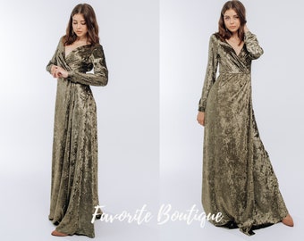 Dusty Sage Velvet Bridesmaid Long Sleeves Open Back Dress V-neck Maxi Dress Bridesmaid Gown Custom Tailoring Prom Wedding Dress Plus Size