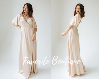 CHAMPAGNE Wrap Dress Flutter Sleeve Long Dress Silk Maxi Dress Custom Wrap Bridesmaid Gown Flutter Sleeve Bridesmaid Wrap Dress Boho Gown