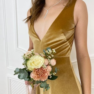 Marigold Velvet Dress – Gold Bridesmaid Dress – Fall Wedding Gown – Custom Size Long Velvet Dress