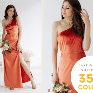 ENGLISH ROSE Velvet Bridesmaid Dress one-shoulder slit dress Burnt Orange Velvet Prom Dress Custom V Neck Dress Floor A line dress