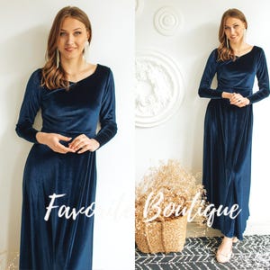 NAVY BLUE Samt Langarmkleid Benutzerdefinierte Maxi Brautjungfer Kleid Hochzeitsgast Kleid Abschlussball Mitternachtsblau Herbst Winterhochzeitskleid plus Größe