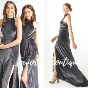 GRAPHITE Velvet Dress with train collar neck Maxi Bridesmaid Gown Custom Tailor Prom Wedding Guest Dress Fall winter wedding dress plus size