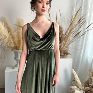 Sage Green Velvet Bridesmaid Sleeveless Open Back Dress Cowl Neck Dress Maxi Bridesmaid Gown Custom Tailoring Prom Wedding Dress Plus Size