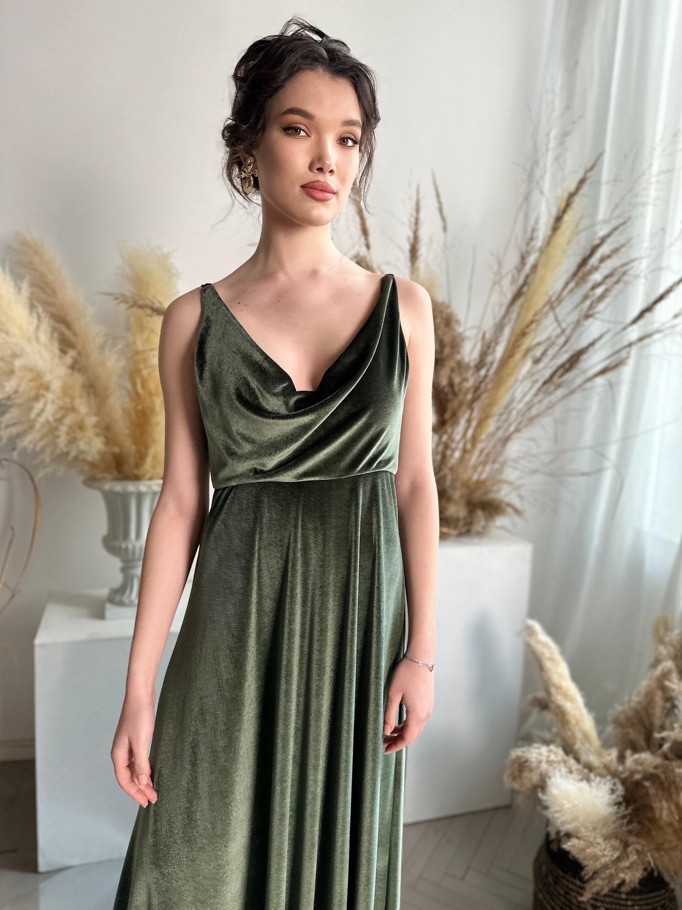 SMALAKAM Olive Green Plus Size Wedding Guest Dress - V Neck Short Sleeve Chiffon Bridesmaid Gown Size 22