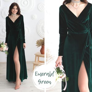 Forest Green Velvet Long Sleeve Dress | V Neck Bridesmaid Gown