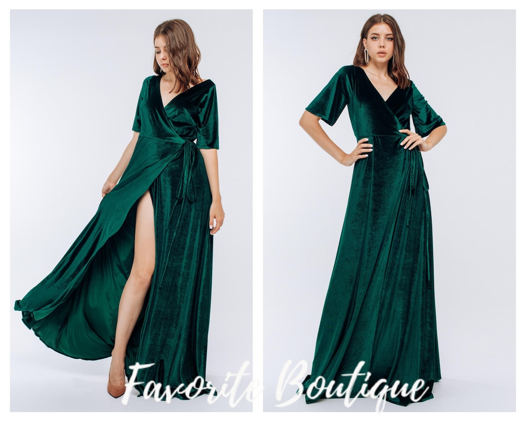 Abito da damigella in velluto verde foresta, maniche a sbuffo