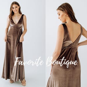 TAUPE Velvet Deep V-neck Dress Maxi Bridesmaid Gown Long sleeves Custom Tailor Prom Wedding Guest Fall winter wedding dress plus size