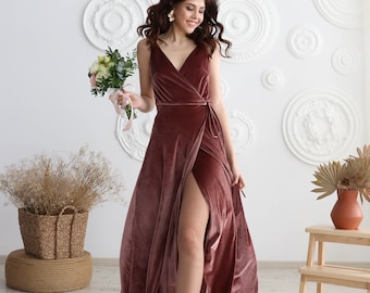 DUSTY ROSE Velvet Bridesmaid Dress Mother of the Bride Velvet Prom Dress V Neck Dress Evening Dress Wrap dress Floor Dress A line dress