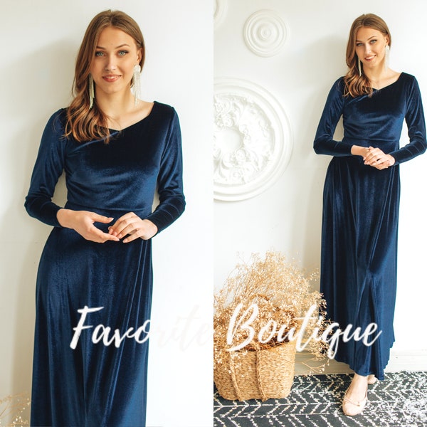 NAVY BLUE Velvet Long Sleeve Dress Custom Maxi Bridesmaid Gown Wedding Guest Dress Prom Midnight Blue Fall winter wedding dress plus size