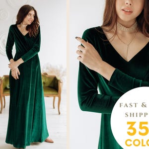 Forest Green Velvet V-Neck Long Sleeve Dress: Prom, Wedding Guest