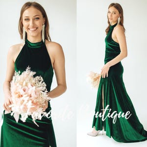 Emerald Green Velvet Maxi Dress: Collared Neck, Train, Custom Gown