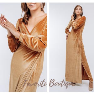 Marigold Velvet Bridesmaid Long Sleeve Open Back Slit Dress V-neck Dress Maxi Bridesmaid Gown Custom Tailoring Prom Wedding Dress Plus Size