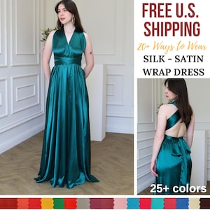 Forest Green Satin Dress, Wrap Dress, Bridesmaid Dress, Wedding Guest Dress, Women Dress, Maxi Dress, Evening Dress, Long Dress, Prom Dress