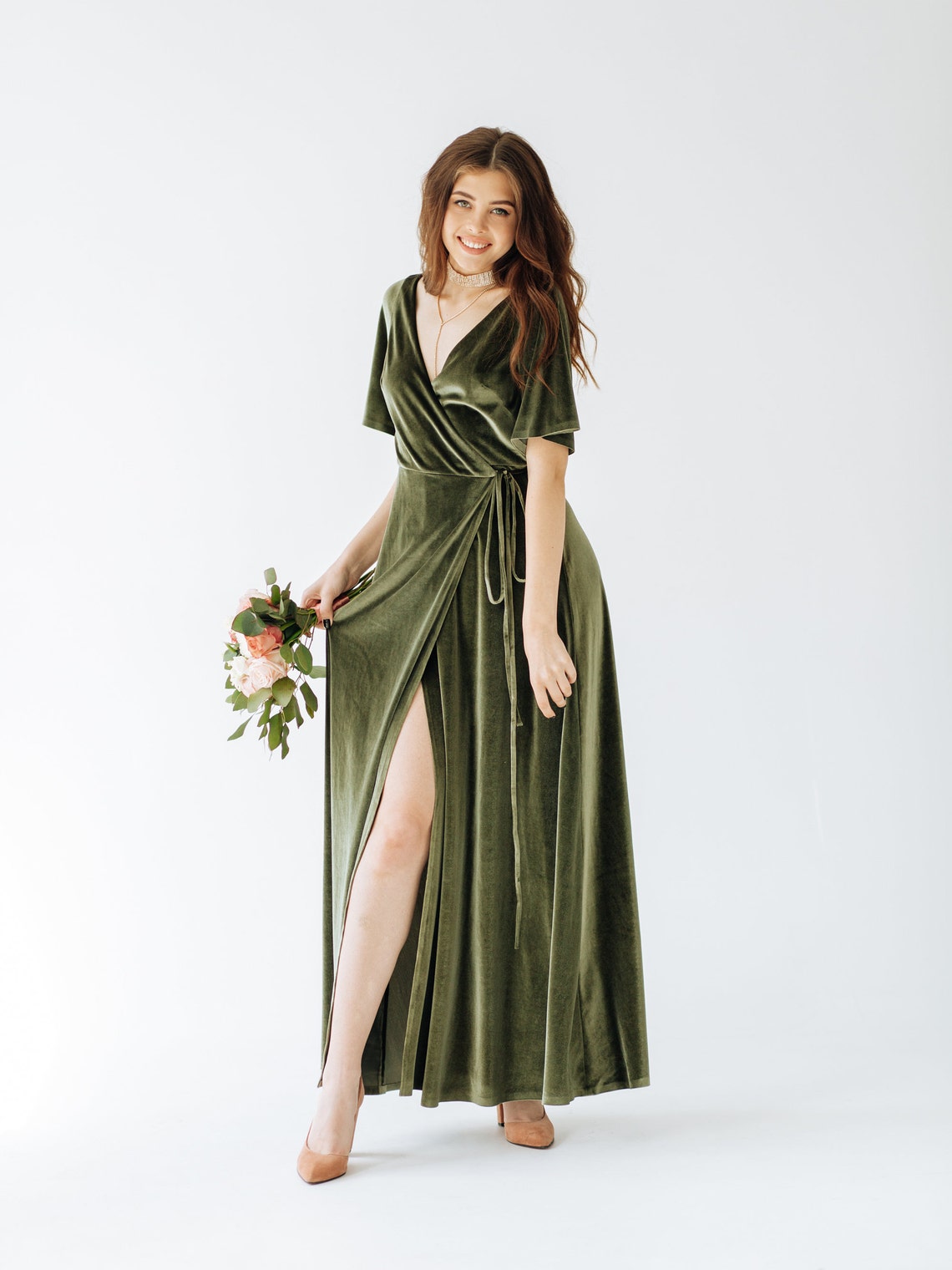 sage green gown with sleeves