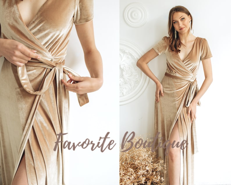 CHAMPAGNE Velvet Wrap Dress Flared Sleeves Maxi Bridesmaid Etsy