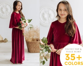 Kids Skarlet Red Velvet Dress Flower Girl Dress Velvet Girls Flutter Sleeves Maxi Bridesmaid Dress Children Dress Boho Flower Girl Dress