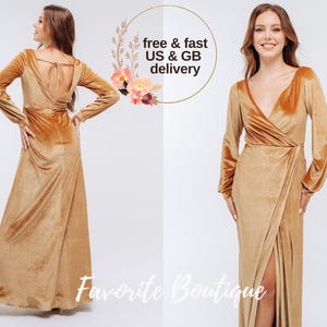 Marigold Velvet Bridesmaid Long Sleeves Open back V-neck Maxi Zipper Dress Bridesmaid Gown Custom Tailoring Prom Wedding Dress Plus Size