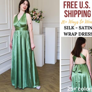 Olive Wrap Dress, Green Satin Dress, Green Wrap Dress, Olive Bridesmaid Dress, Wedding Guest Dress, Maxi Dress, Evening Dress, Prom Dress