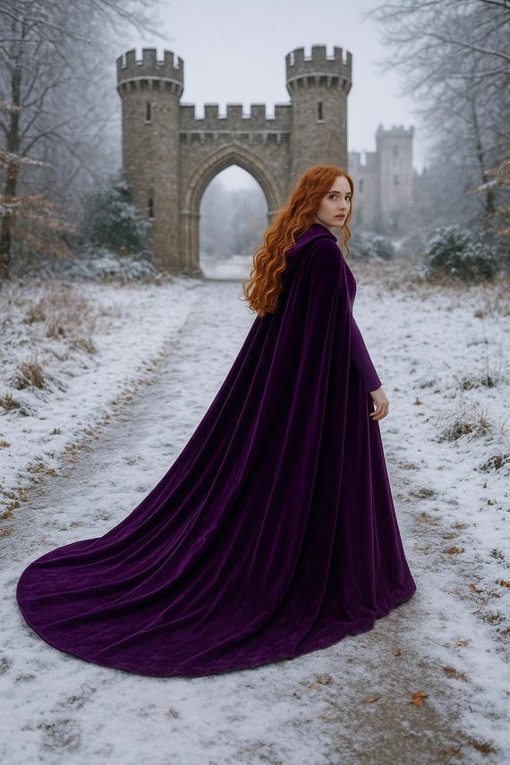 Royal Purple Velvet Hooded Cape – Long Medieval Cloak with Train | Fantasy Renaissance Cosplay Cloak | Gothic Winter Velvet Cape