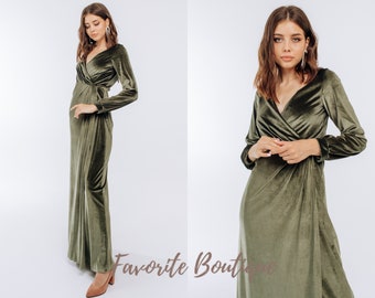 Dusty Sage Velvet Bridesmaid Long Sleeves Open Back Dress V-neck Maxi Dress Bridesmaid Gown Custom Tailoring Prom Wedding Dress Plus Size