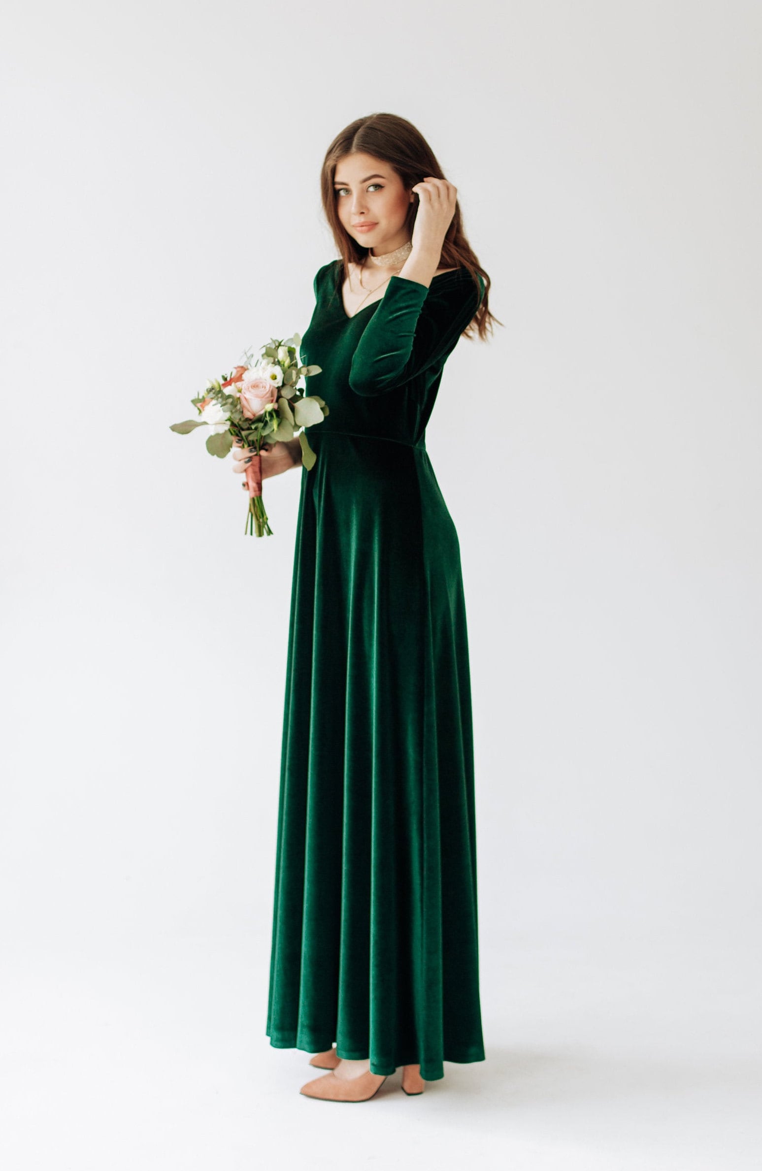 FOREST GREEN Velvet Bridesmaid Dress V neck Velvet Prom Dress Etsy
