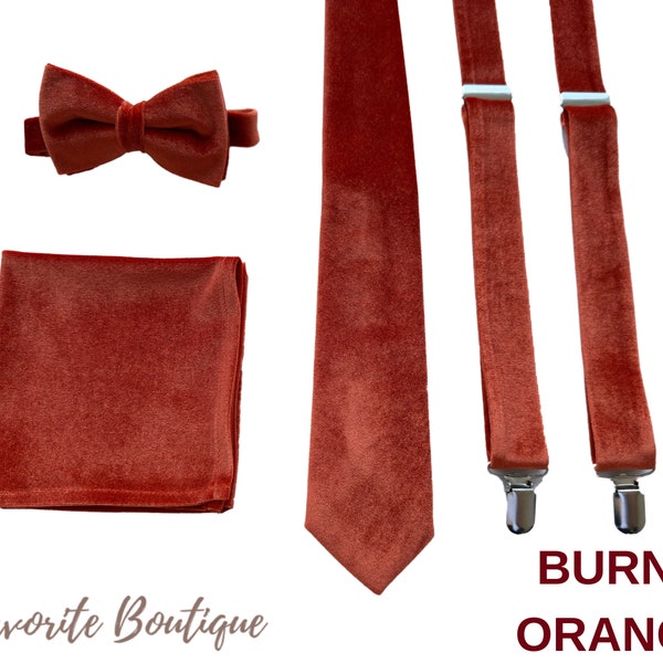 Parure de garçon d'honneur rustique en velours orange brûlé - Cravate, noeud papillon et pochette de costume pour homme - cravates pour mariage