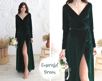 FOREST GREEN Velvet Bridesmaid Dress | Velvet Mother of the Bride Prom Dress | Long Sleeve V Neck Dress | Evening Dress