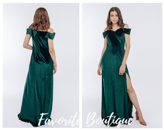Vestido de dama de honor de terciopelo verde bosque: vestido largo con  hombros descubiertos y espalda cerrada con cremallera, vestido de fiesta y