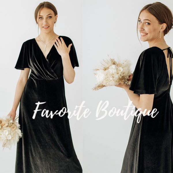 Abito TOP avvolgente in velluto NERO Abito maxi da damigella d'onore Abito su misura personalizzato Abito da cerimonia per ospite Abito da sposa autunno inverno taglie forti