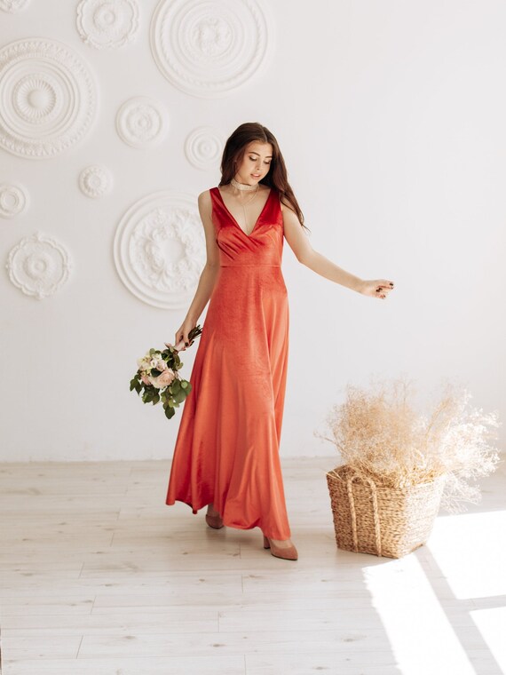 Burnt orange velvet store bridesmaid dress