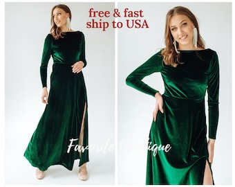 Green velvet maxi dress long sleeve deals