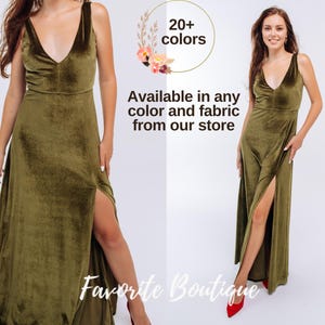 Olive Velvet Bridesmaid Dress – Sleeveless V-Neck Open Back Maxi Gown with Slit, Custom Plus Size Prom & Wedding Dress