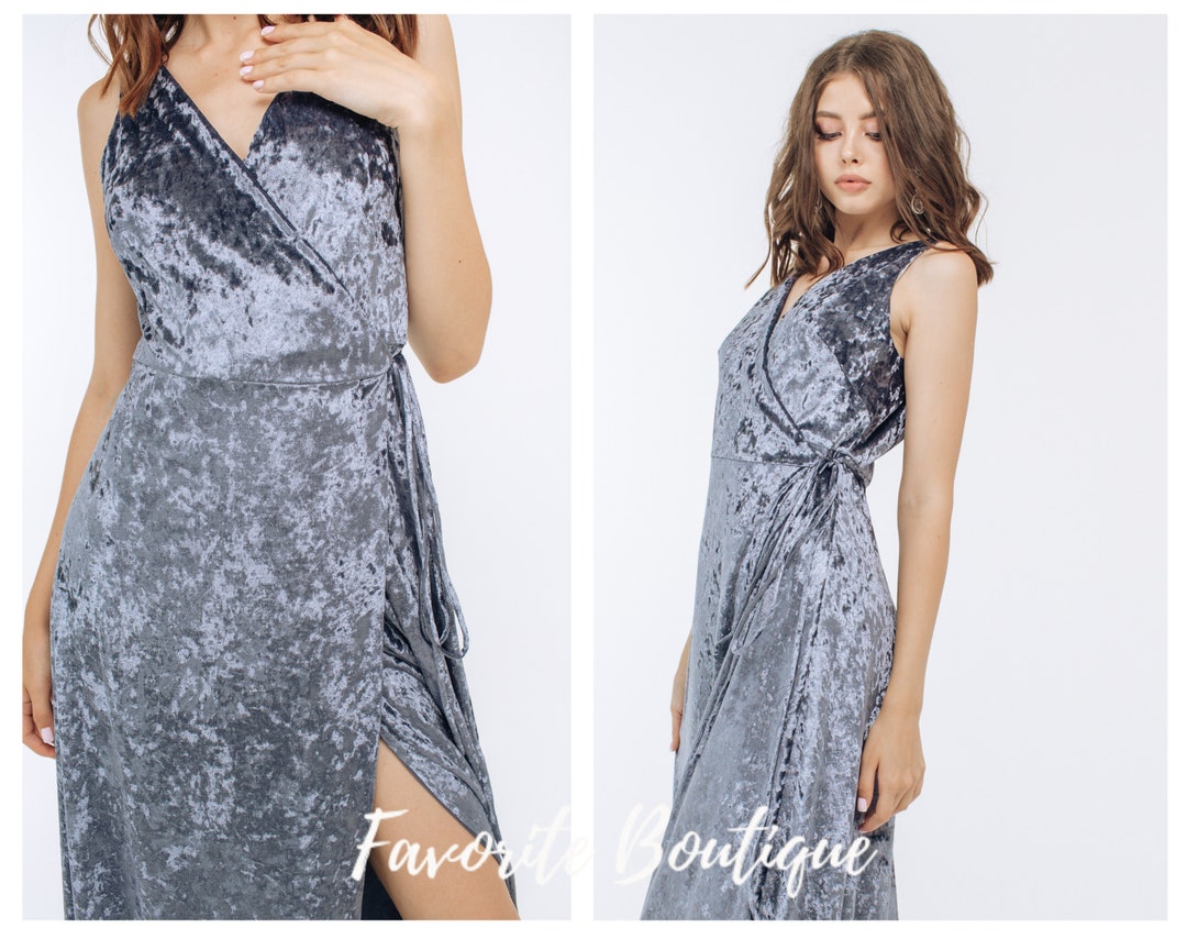 Half Sleeve V-neck Velvet Dress With Slit Dusty Blue Plus Size main image 1