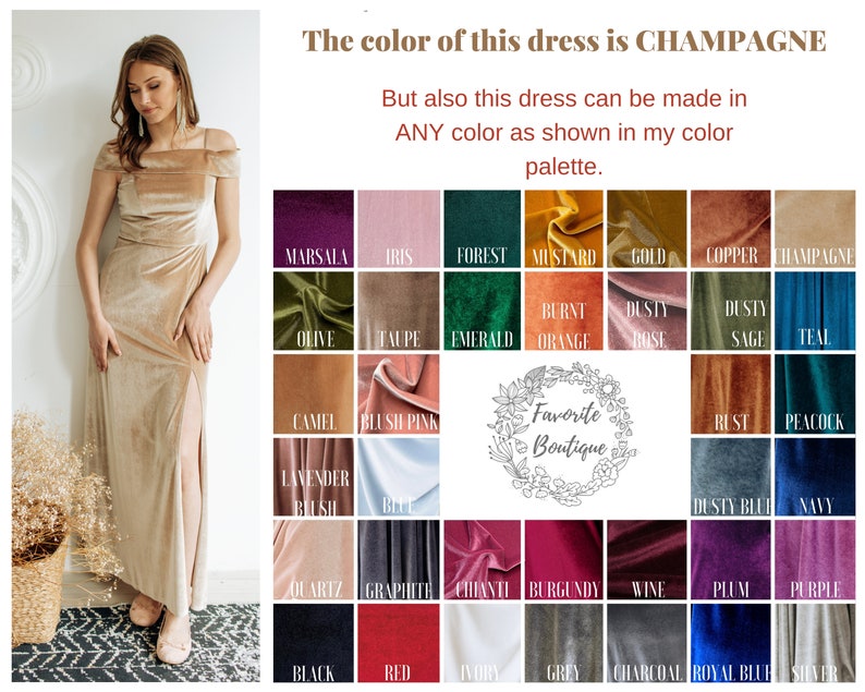 CHAMPAGNE Velvet off shoulder Dress Maxi Bridesmaid Gown Custom Tailor Prom Wedding Guest Dress Fall winter wedding dress plus size image 6