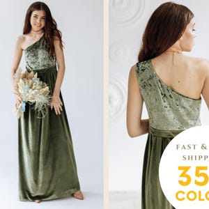 Dusty Sage Velvet One-Shoulder Dress: A-Line, Floor Length