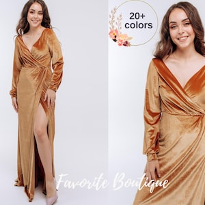 Marigold Velvet Bridesmaid Long Sleeve Open Back Slit Dress V-neck Dress Maxi Bridesmaid Gown Custom Tailoring Prom Wedding Dress Plus Size