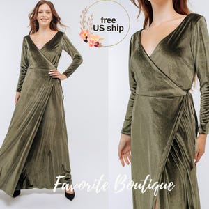 Dusty Sage Velvet Bridesmaid Long Sleeves Closed Back V-neck Slit Maxi Dress Bridesmaid Gown Custom Tailoring Prom Wedding Dress Plus Size