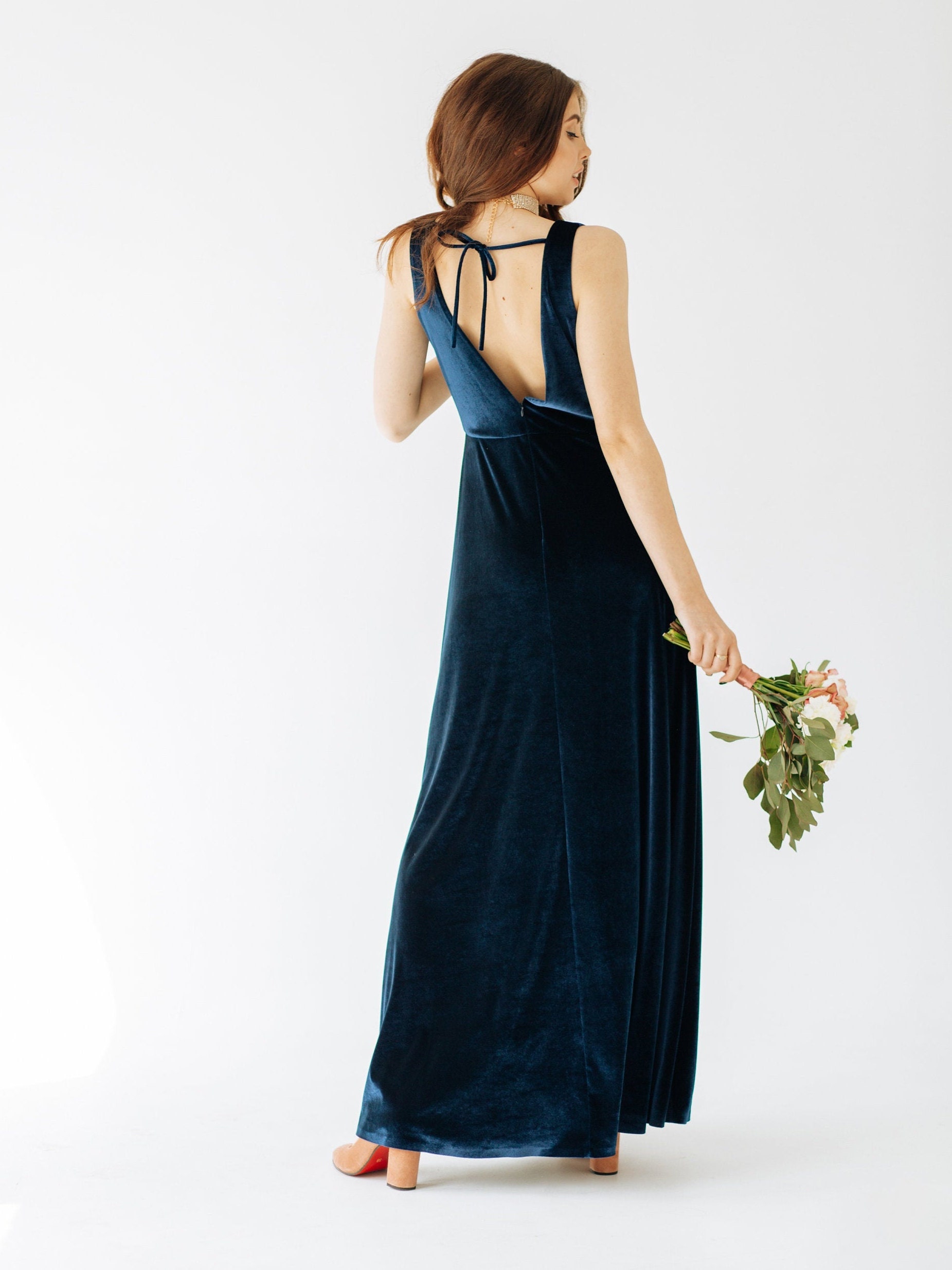 MIDNIGHT BLUE Velvet Bridesmaid Dress Velvet Prom Dress for Etsy UK