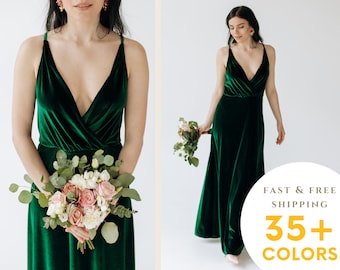 FOREST GREEN Velvet Bridesmaid Dress V neck Velvet Prom Dress wedding Dress Evening Dress ball gown wedding guest dress