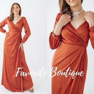 BURNT ORANGE Silk Satin Dress Long Sleeves Dress Custom Tailor Silk Maxi Dress Mother of Honour Wrap Dress Bridesmaid Dress Boho Gown