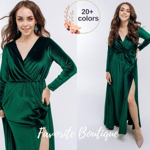Emerald Green Velvet Bridesmaid Long Sleeves Closed Back V-Neck Slit Dress Bridesmaid Gown Custom Tailoring Prom Wedding Dress Plus Size