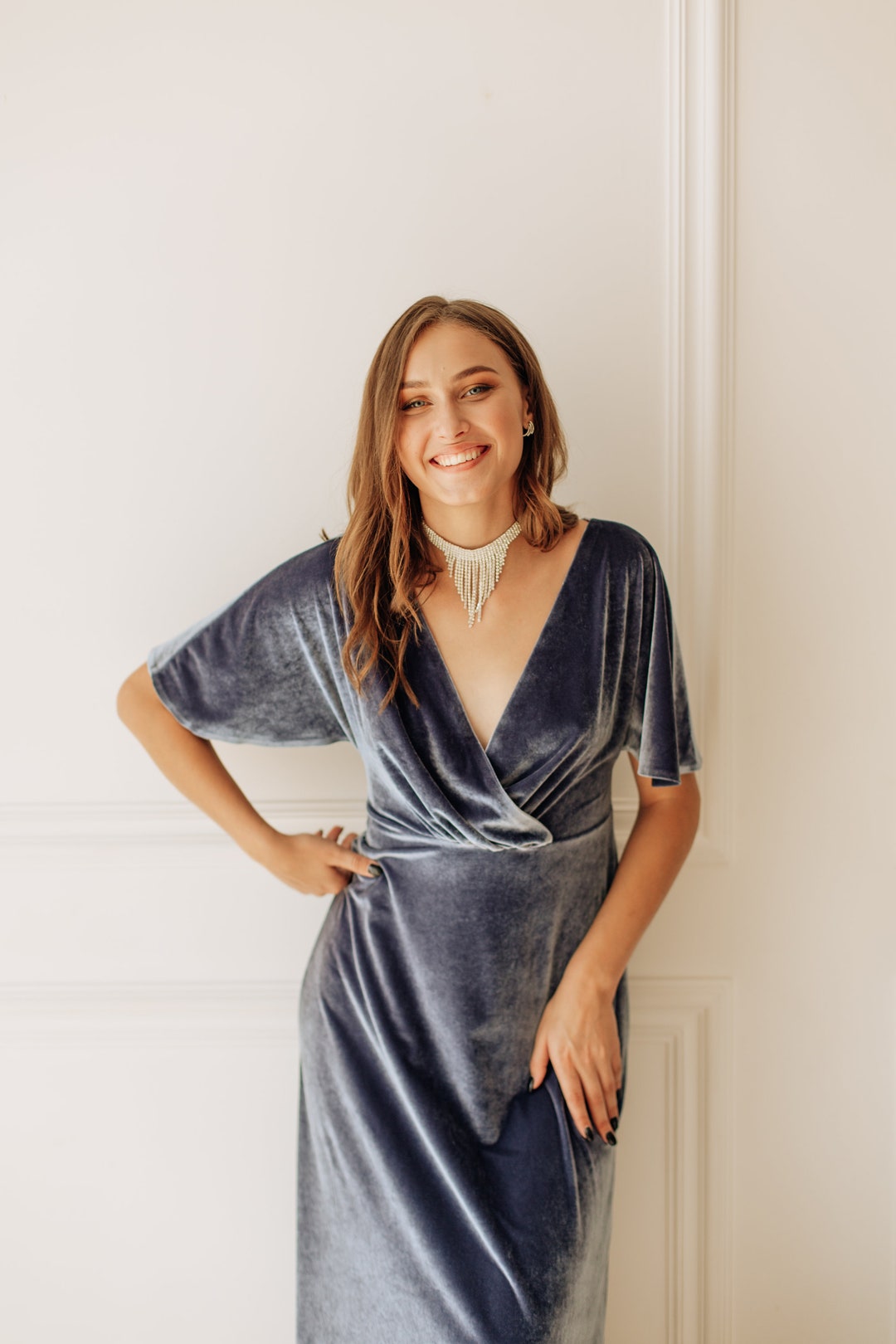 DUSTY BLUE Velvet Bridesmaid Dress French Blue Blue Gray Mother of the