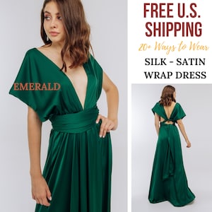 Vestido cruzado de satén de seda infinito verde esmeralda, convertible para dama de honor, niña de las flores, fiesta de graduación, maternidad, vestido largo multiposición para bodas y eventos.