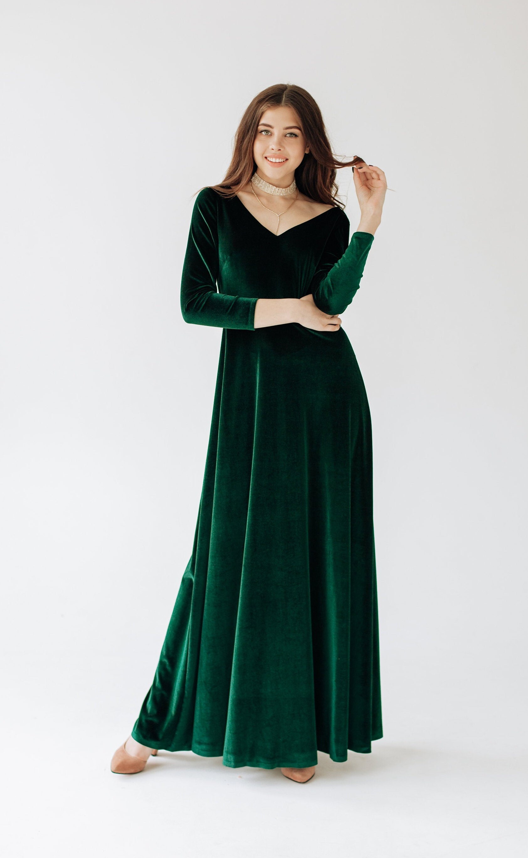 FOREST GREEN Velvet Bridesmaid Dress V neck Velvet Prom Dress Etsy